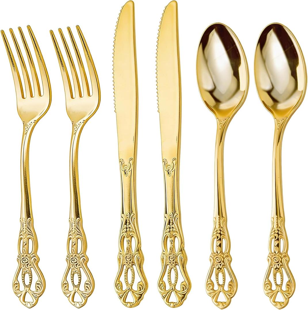 300PCS Gold Plastic Silverware, Heavy Duty Gold Disposable Utensils, Retro Design Plastic Cutlery Set Includes 100 Forks, 100 Spoons, 100 Knives for Parties and Wedding
