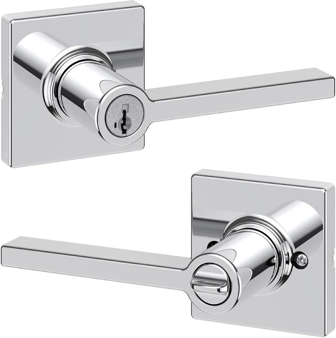 Kwikset Casey Entry Door Handle with Lock and Key, Secure Keyed Reversible Lever Exterior, Doorlock, For Front Entrance and Bedrooms, Polished Chrome , Pick Resistant Smartkey Rekey Security (1 Pack)