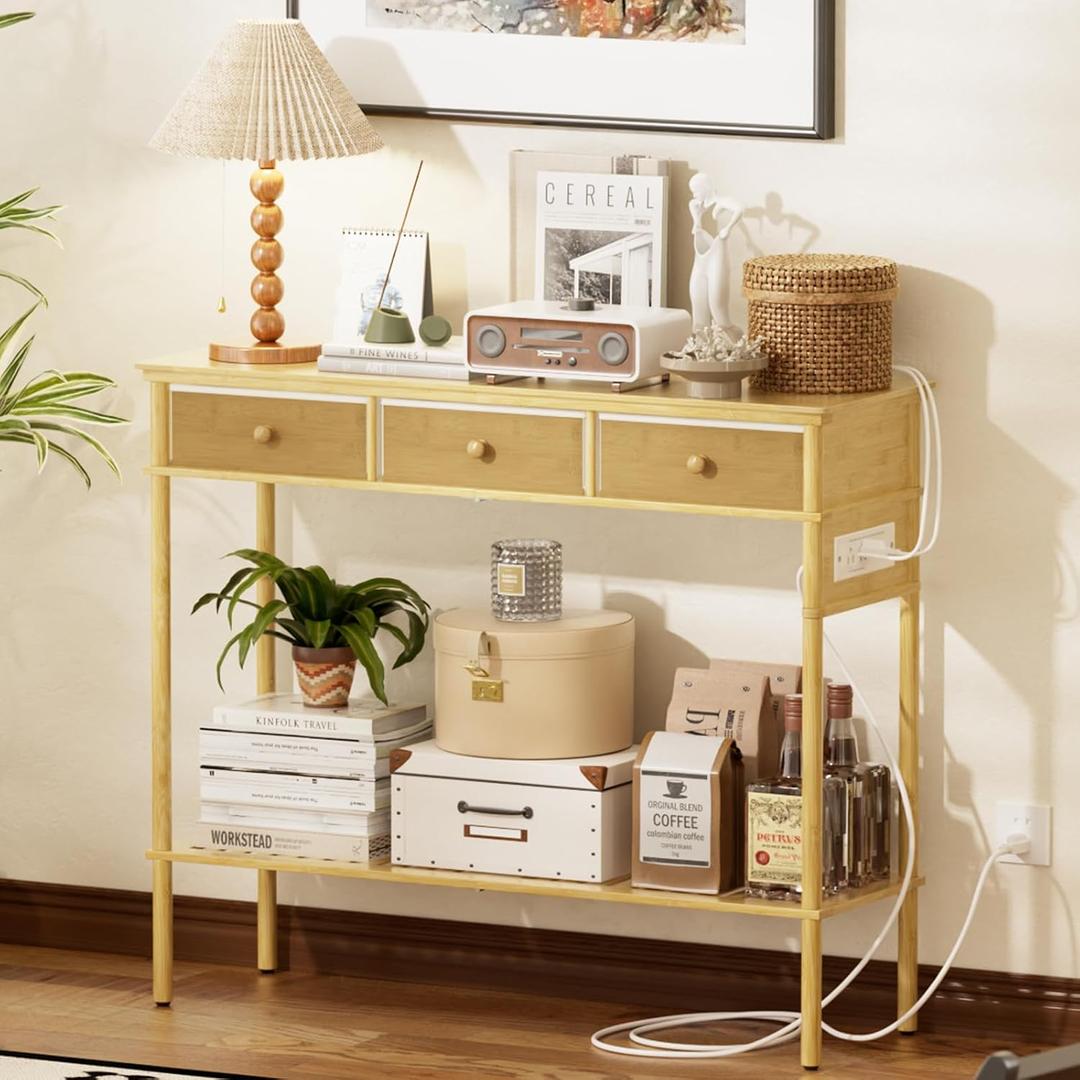 Entryway Table with Power Outlets, 38" Console Table with Drawers, 12.2"D x 37.8"W x 31.5"H