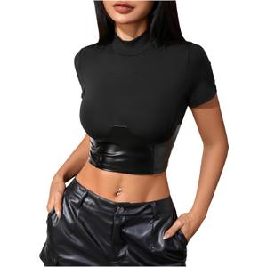 MakeMeChic Women's PU Leather Crop Top Short Sleeve Mock Neck Slim Fitted Y2k Party Going Out Tops (Large, Black)