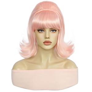 BESTBEL + Hair Cap Pink Bob Wig for Women Cosplay Short Beehive Flip Wig with Bangs 60s Women Sythetic Styled Hair for Halloween Costume Party