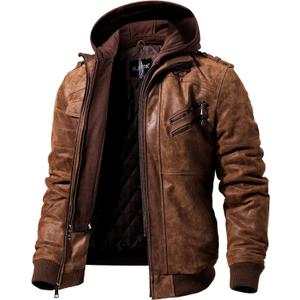 FLAVOR Men Brown Leather Motorcycle Jacket with Removable Hood (Large)