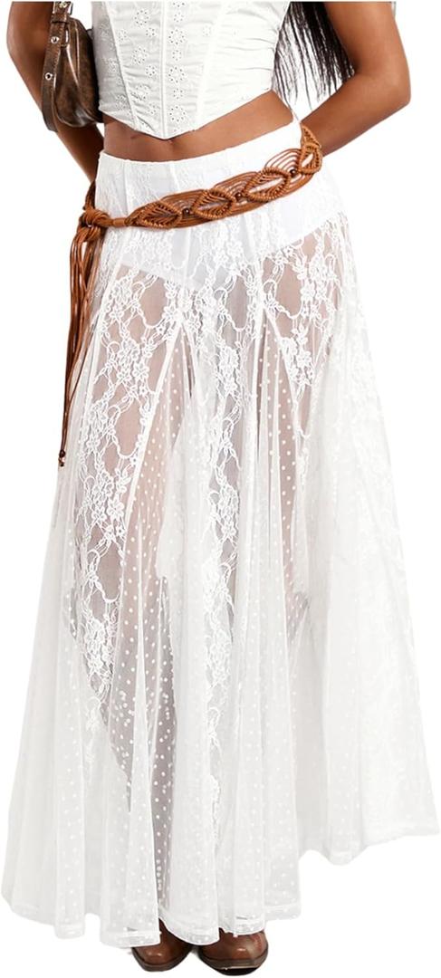 WDIRARA Women's Sexy See Through Sheer Lace Maxi Skirt Low Waist Ruffle Hem A Line Flowy Skirt (White), S
