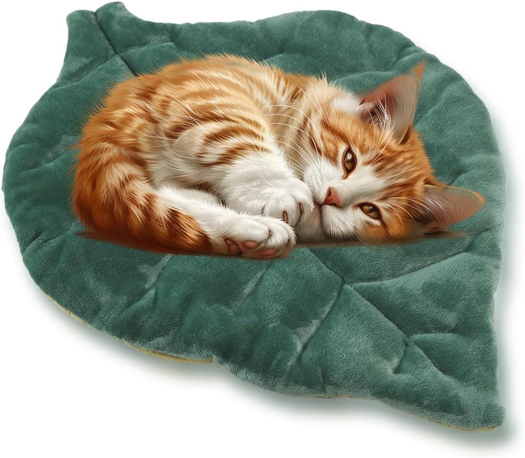 Cat Mat Self Warming Cat Bed 26"x20" Leaf Shaped Cotton Soft Warm Pet Pad Blanket for Indoor Bed Couch Sofa Floors Cat and Dog Warm Mattress (Green)