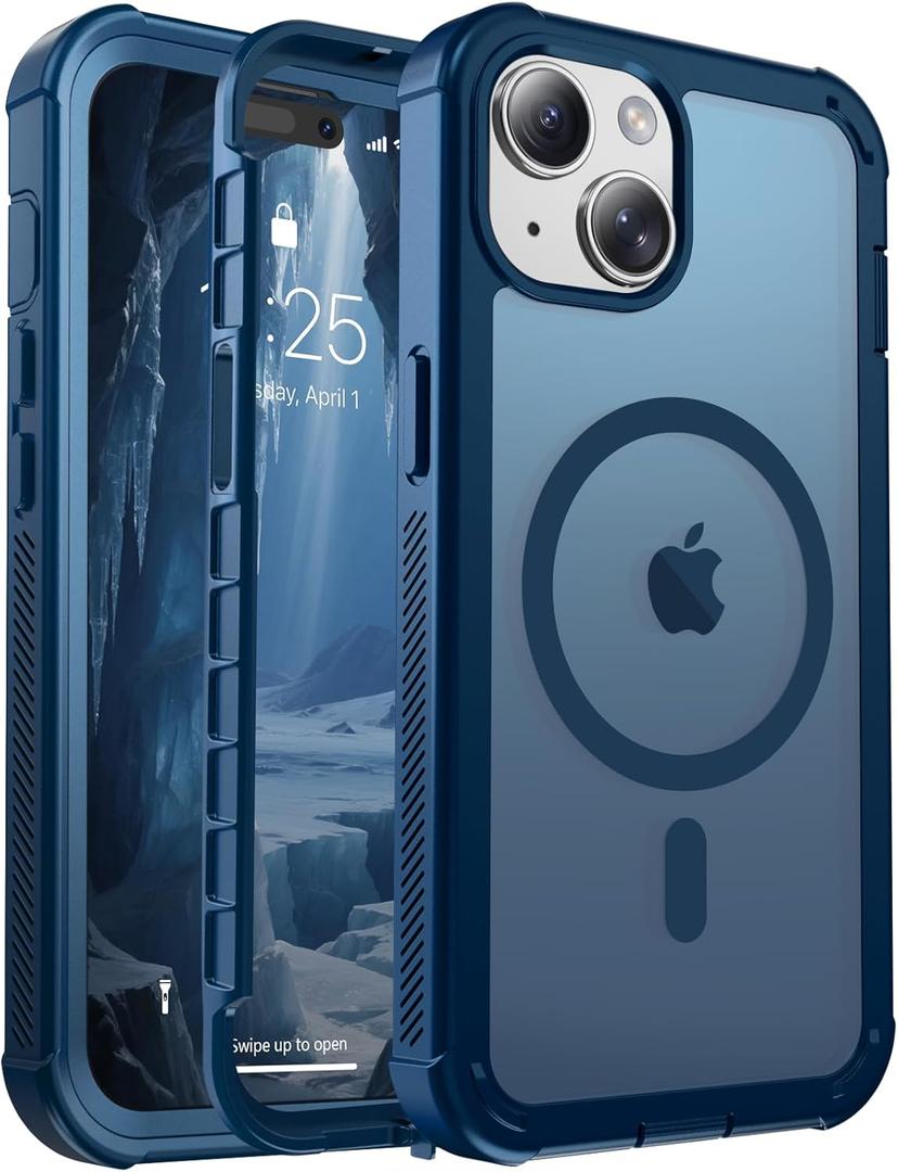Magnetic for iPhone 15 Case, [Compatible with MagSafe][Military Grade Drop Protection][Heavy Duty Protection][Non-Slip][Shockproof] 2-Layer Durable Bumper Phone Case 6.1''-Deep Blue
