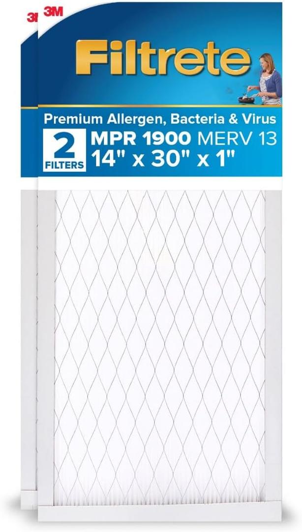 Filtrete 14x30x1 AC Furnace Air Filter, MERV 13, MPR 1900, Premium Allergen, Bacteria & Virus Filter, 3-Month Pleated 1-Inch Electrostatic Air Cleaning Filter, 2-Pack (Actual Size 13.81x29.81x0.78 in) Filtrete 14x30x1 AC Furnace Air Filter, MERV 13, MPR 1900, Premium Allergen, Bacteria & Virus Filter, 3-Month Pleated 1-Inch Electrostatic Air Cleaning Filter, 2-Pack (Actual Size 13.81x29.81x0.78 in)