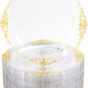 Nervure 100PCS Clear and Gold Plastic Plates - 7.5inch Clear Disposable Plates - Heavyweight Gold Plastic Plate - Dessert Plate for Wedding & Party