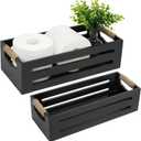 LotFancy Bathroom Decor Box, 2 Pack Toilet Tank Topper Basket, Wooden Bathroom Basket, Back of Toilet Storage Basket, Black Farmhouse Toilet Paper Holder