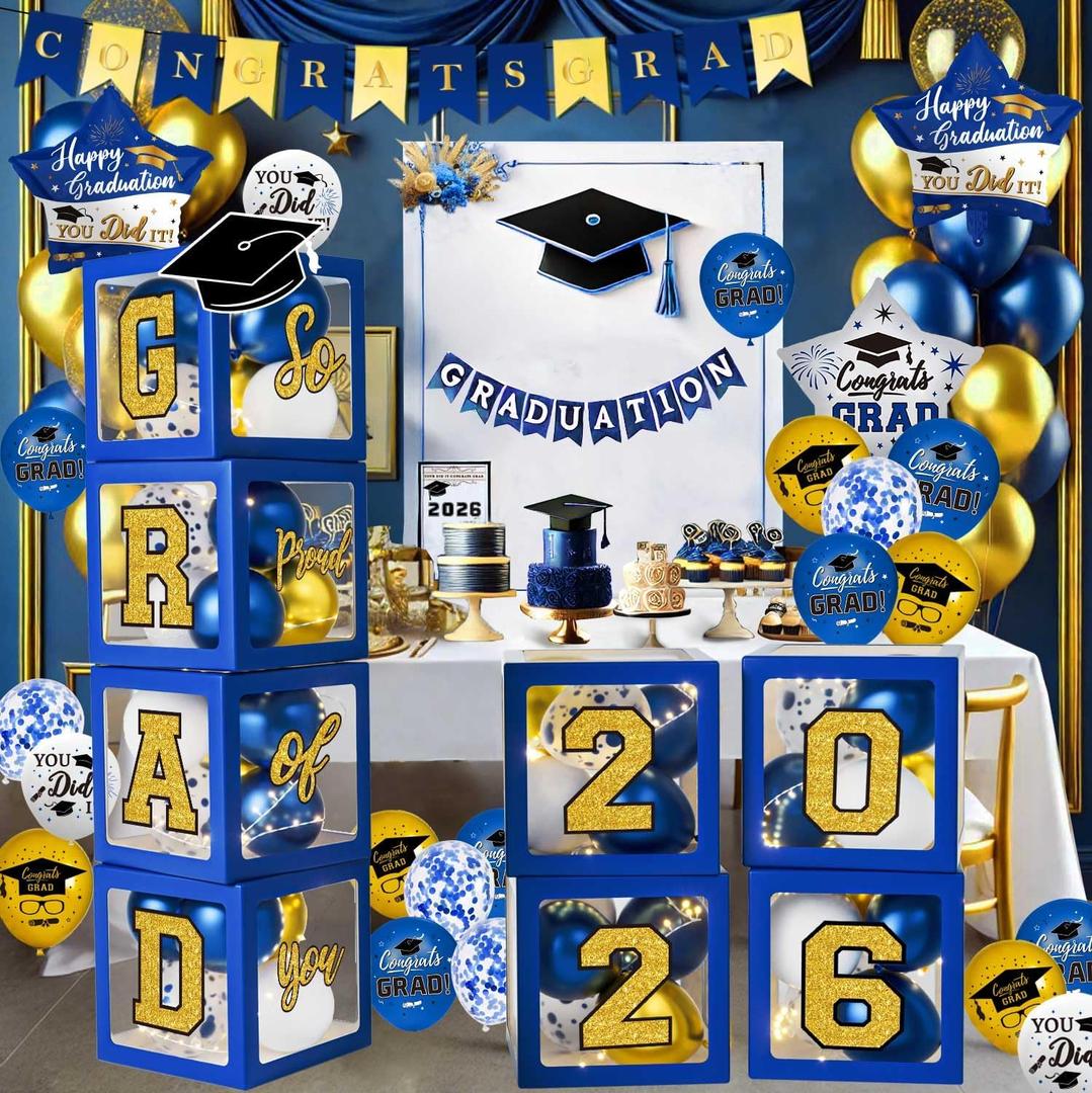 Graduation Decorations Class of 2026 - Blue and Gold Balloons Boxes with Letters 2026 GRAD So Proud of You - Complete Party Supplies for High School & College Celebrations
