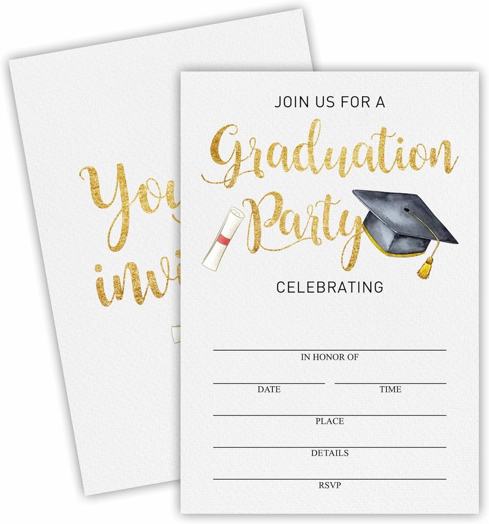 2 x graduation invitations 2025 - Grad Party - 20 invitation cards with envelopes, Gold Font Fill-in style Celebration party invitation, College Graduation Party Decoration & Supplies - A01