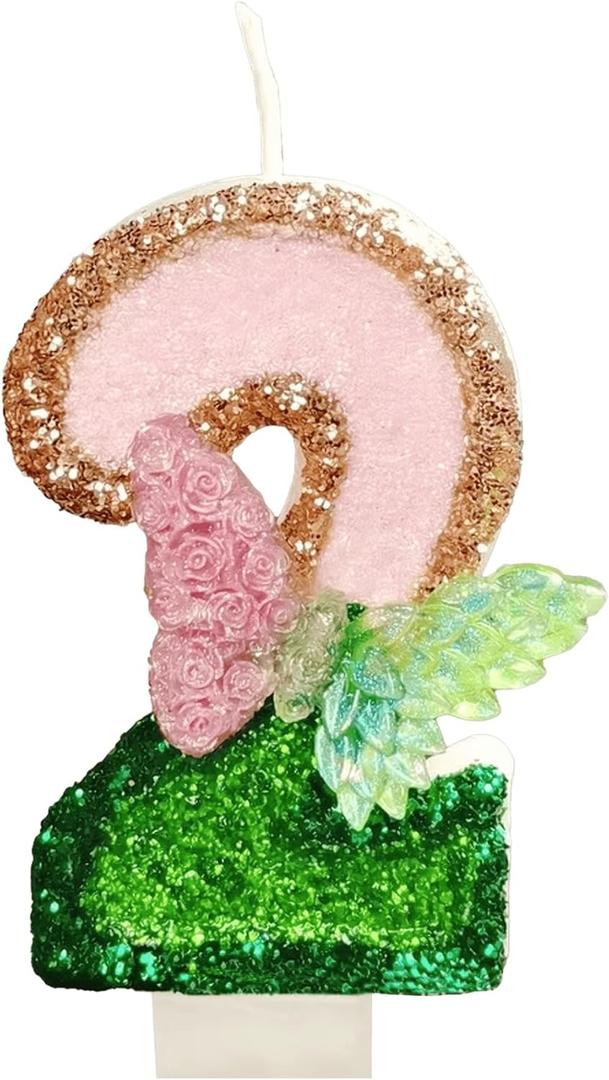Pink and Green Birthday Number 2 Candle Party Decoration, Butterfly Glitter Cake Candles, Princess and Witch Themed Party Cake Topper (Number 2)