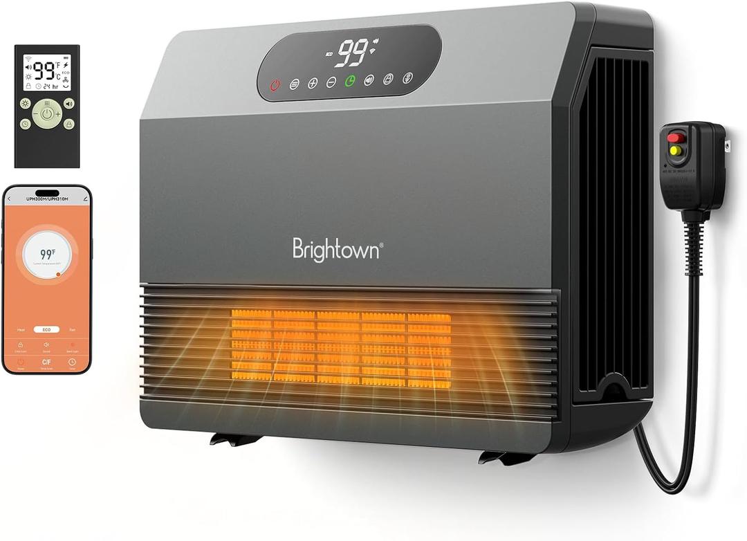 Brightown Wall Heater for Indoor Use, Space Heater with ALCI Plug 1500W, 5 Modes, Adjustable Thermostat, Easy Install Heater for Bedroom Bathroom with Remote Control, 12H Timer, Work with Alexa, Grey