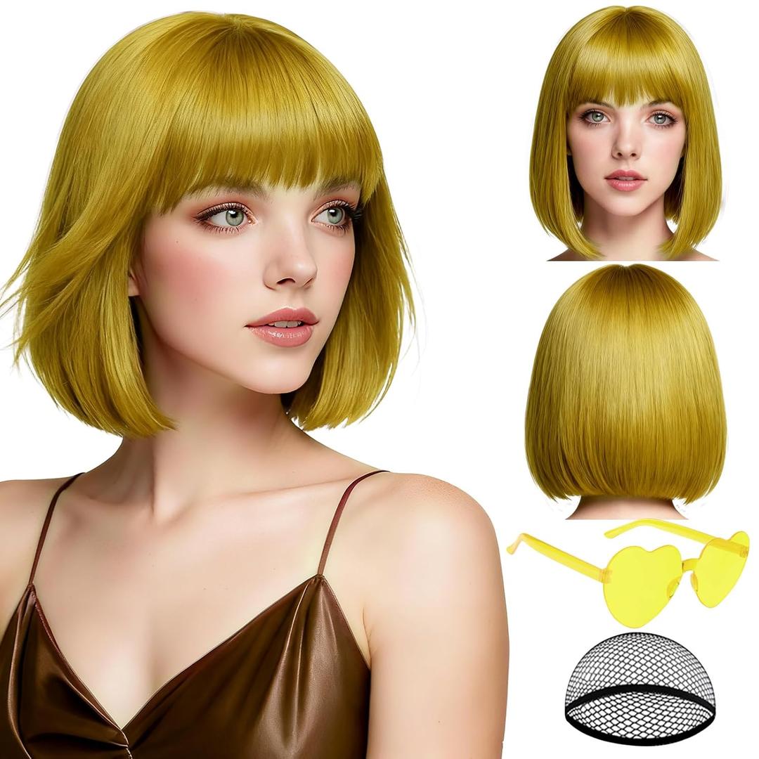 PLULON Gold Short Bob Wig with Bangs for Women, Colorful Neon Short Bob Synthetic Hair Wigs with Hair Cap Heart Sunglasses for Adults Girls Men Daily Bachelorette Halloween Costume Party Supplies