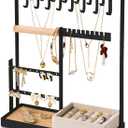 DreamGenius Jewelry Organizer Stand with Velvet Ring Holder, 4 Tier Jewelry Holder Organizer with 15 Hooks for Necklaces and 16 Holes for Earrings, Black (Medium)