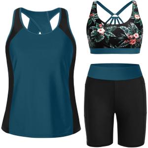 Tempt Me Women 3 Piece Tankini Swimsuits - Athletic Bathing Suits Swim Tank Top with Boy Shorts and Bra Modest Swimwear 2026