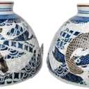 Japanese Mino Ware Ceramic Rice Bowl Set Carps Pattern 4.84 Inches Diameter x H2.64 Inches, 13.3 Fluid Ounces Chawan, Blue Set of 2 from Japan (Carps)