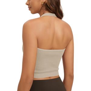 ODODOS Seamless Halter Crop Tops for Women Ribbed Soft V Neck Open Back Cropped Tank Top, 1-Pack, Mushroom, Medium-Large (L)
