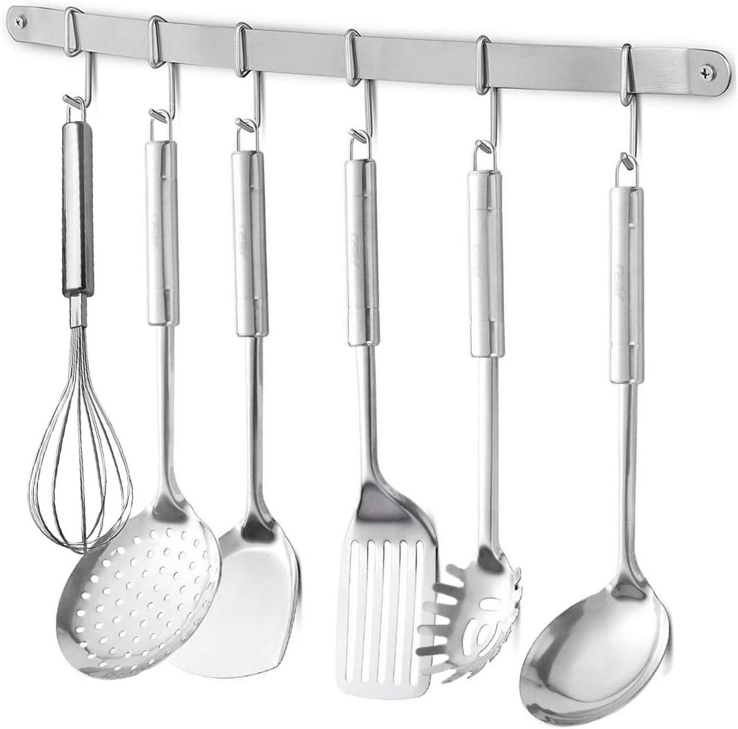 Stainless Steel Kitchen Utensil Racks Holder Hanging Rail Organize Pots Pans Kitchen Knife Gadgets On Wall Mounted Hanger Bar Rail Under Cabinet Shelf (6 Hook,17")