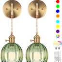 EIDEARAY Battery Operated Wall Sconce, Indoor not Hardwired Wall Sconces Deep Green Glass Lampshade with RGB Dimmable, Wall Sconces Set of Two with Remote, Vintage Wall Lamp, for Bedroom Living Room