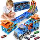 Kids Toys for 3 4 5 6 7 8 Years Old Boys, Carrier Truck Transport Car with Lights Sounds, Christmas Birthday Gift for Toddler, Foldable Layer Car Race Track Playset with Race Track, 6 Metal Toy Cars (Blue)
