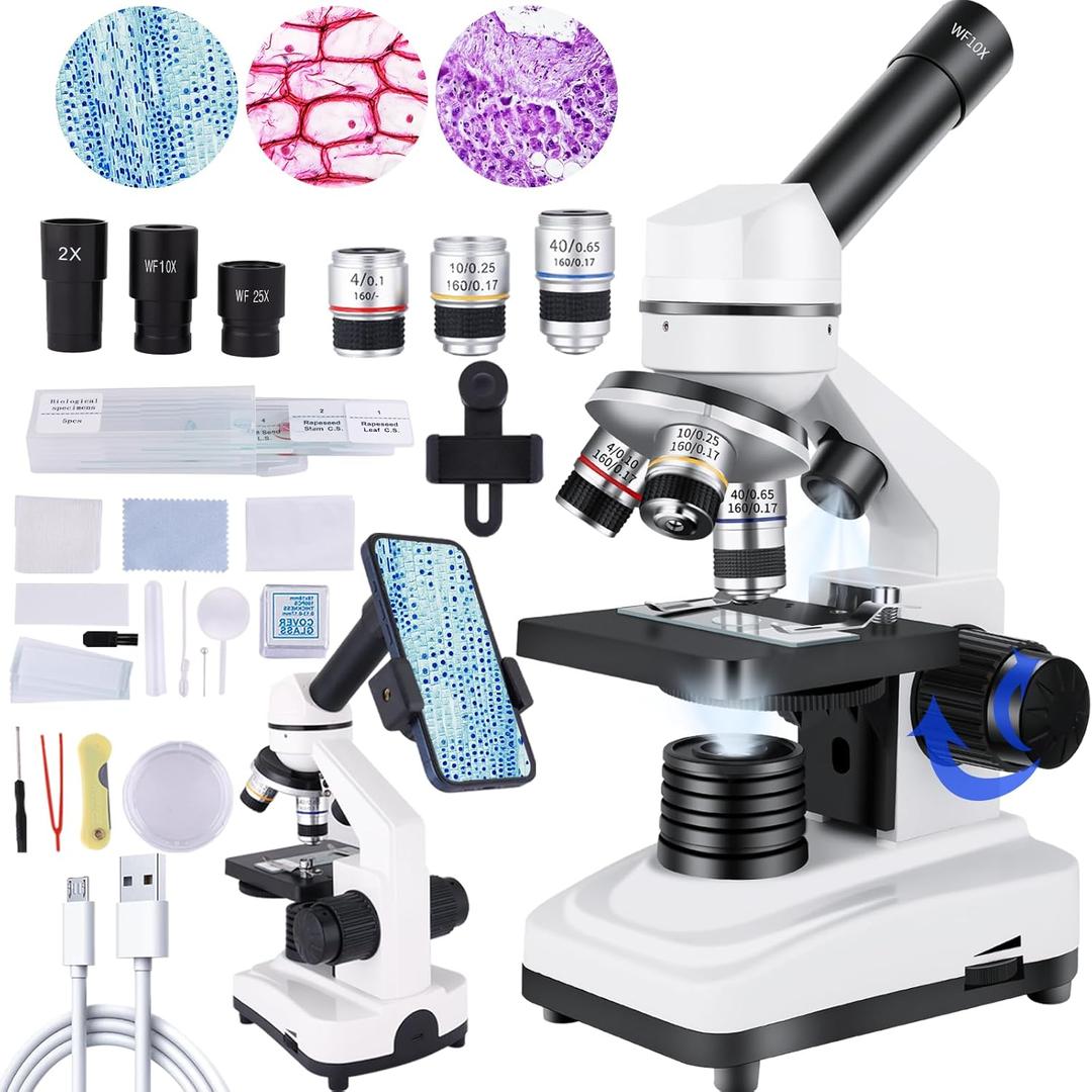 Microscope,40X-2000X Microscope with Phone Adapter & Slides Set, Suitable for Students School Lab and Home Education (Monocular Microscope)