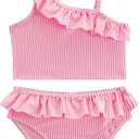 LIZENS Girls Two Piece Swimwear Ruffle Trim Swimsuit 2-12Years Flounce Striped One Shoulder Beach Bathing Suit Adjustable Strap（BDG18201, 10-12T Pink