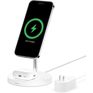Belkin MagSafe 2-in-1 Wireless Charging Stand for Apple iPhone 16, iPhone 15, iPhone 14, & iPhone 13 Series & AirPods - MagSafe Fast Charging Station for Multiple Devices - White