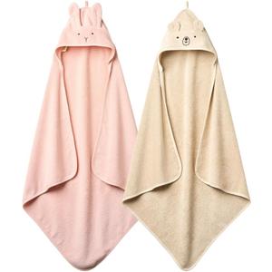 Huxie Baby Hooded Towel  Organic Cotton Baby Bath Towels, 32" x 32" Super-Soft and Absorbent Baby Towels for Newborn 2-Pack (Rabbit Blush/Bear Fog)