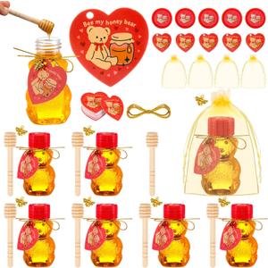 Yungyan 48 Sets 2 oz Honey Bear Bottles Bulk, Mini Plastic Honey Bear Jars with Gold Bee Pendants, Dippers, Lids, Gold Bags for Party Favors Exchange Gifts