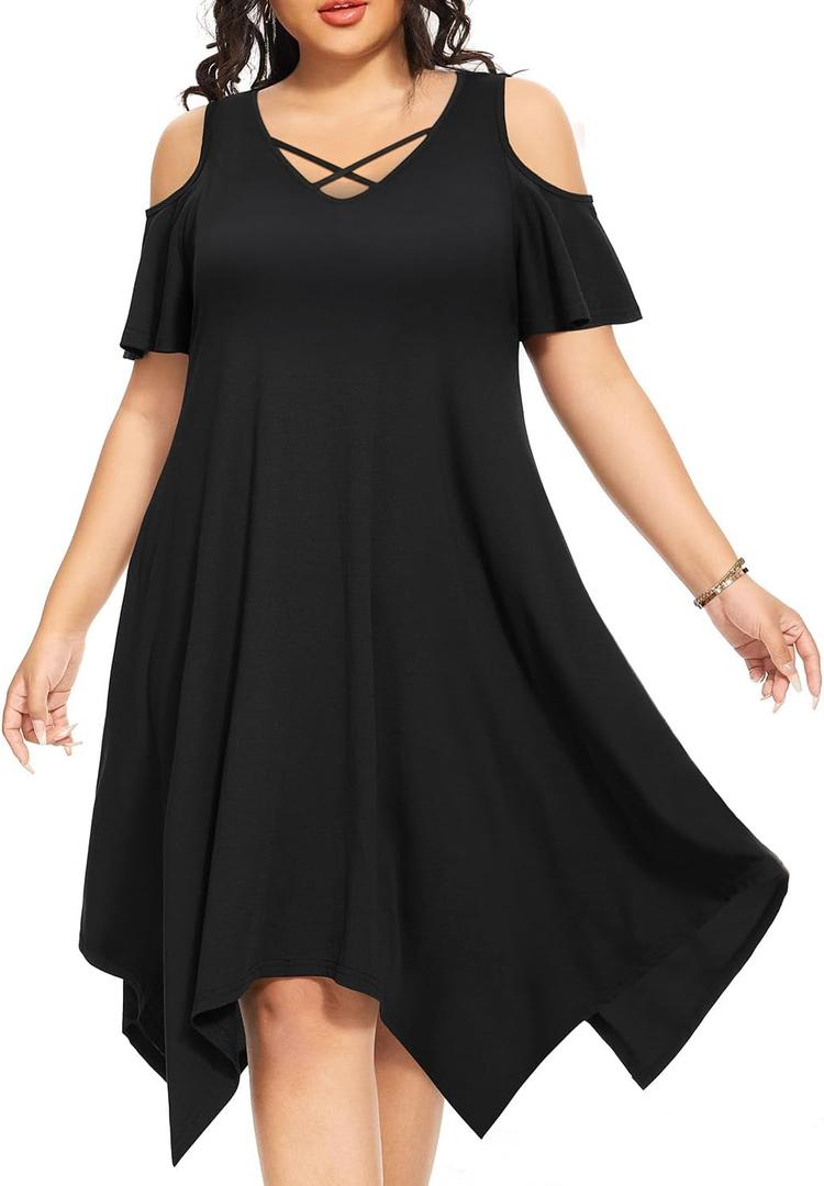 Pinup Fashion Plus Size Sundress - Summer Women Casual Cold Shoulder Handkerchief Hem Dress with Pockets (Black-2)