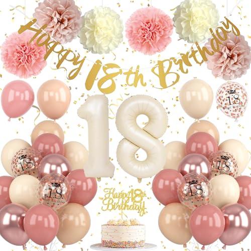 Froova 18th Birthday Decorations for Girl Retro Blush Pink Birthday Balloons Happy 18th Banner Cake Topper Pom Poms Dusty Rose Gold Number 18 Balloon for Her 18 Year Old Bday Party Decoration Supplies