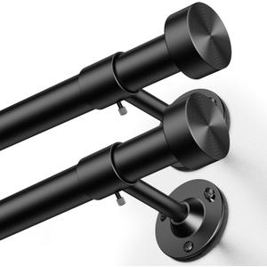 YaFex 2 Pack Heavy Duty Curtain Rods 32-60 Inch, 1 Inch Black Adjustable Curtain Rod for Windows, Short Window Treatment Rods Set with Aluminum Finials, Modern Design