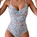 B2prity Women's One Piece Swimsuits Tummy Control Front Cross Bathing Suits Tie Back Slimming V Neck Swimwear Pink Floral 2XL