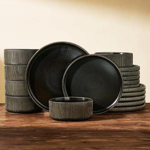Dinnerware Set for 6, Ceramic Ribbed Plates, Bowls, Dishes