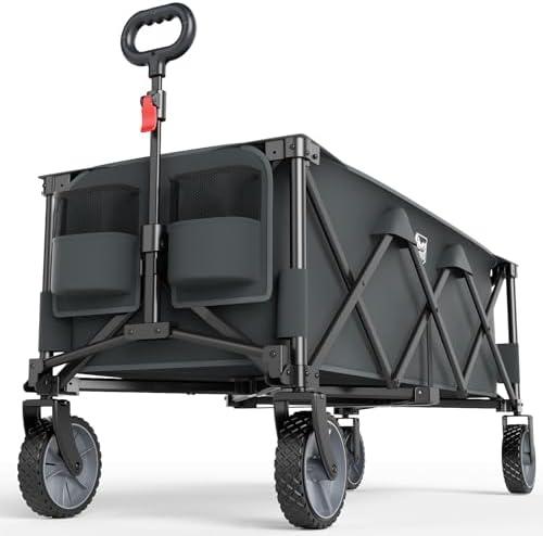 Timber Ridge 51.2'' Extended Collapsible Wagon Cart, 500LBS Heavy Duty Foldable Utility Wagon with Adjustable Handle, 400L Capacity Portable Cart with Cargo Net for Camping Sports Shopping-Grey