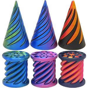 6Pcs Impossible Cone & Spiral Fidget Toy, 3D Printed Spiral Cone & Pyramid Passthrough Sculpture Toy for Adults (Conical + Cylindrical) (Orange & Green & Purple)