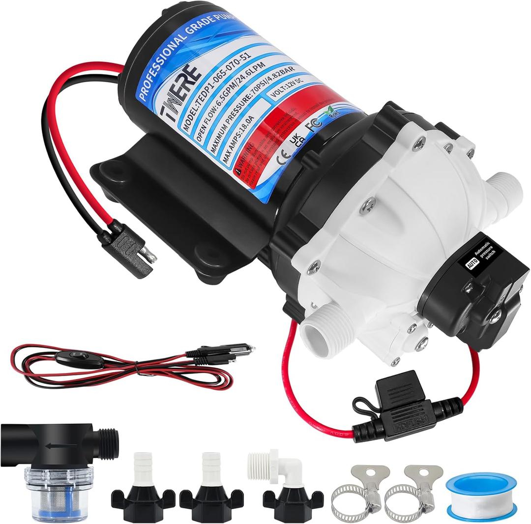 EF5500-BOX 12V Pump,6.5GPM,70Psi Diaphragm Water Pump,Self Priming Up to 10 Feet,Ideal for RV,Marine,Yacht Sprayer and Pressure Washing-1/2 MNPT Connection