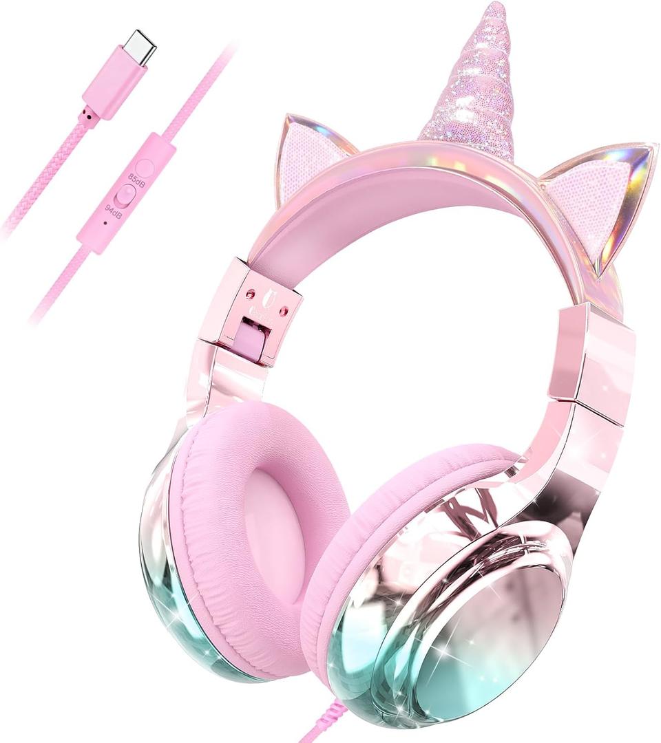 QearFun Kids Unicorn Headphones with USB C for Girls with Microphone, 85/94dB Safe Volume Limiter, Tangle-Free Cord, Share Port, Foldable Sparkly Wired Headset for School, Travel, Tablet, iPad