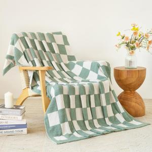 Checkered Knitted Throw Blanket, Cozy Soft Fluffy Plaid Blanket for Couch Bed, Lightweight Comfy Travel Picnic Blanket for Sofa Chair Living Room Camping Gifts (Sage Green, Throw 50"x60")