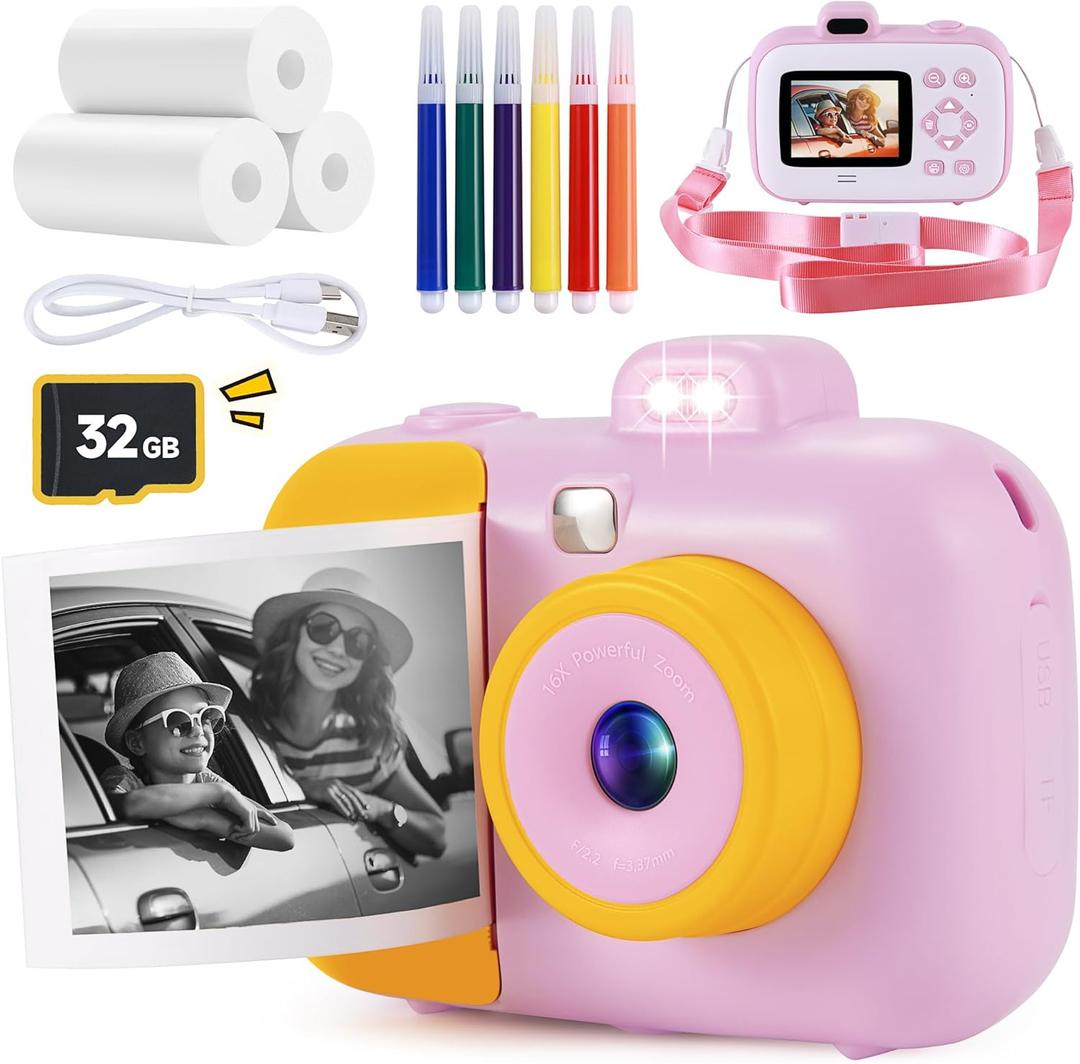 Kids Camera Instant Print for Girls Boys Age 3-12 Kids Toys, 12MP 1080P Kids Digital Cameras Christmas Birthday Gifts for 4 5 6 7 8 9 10 Year Old Girls, Toddler Camera (Pink)