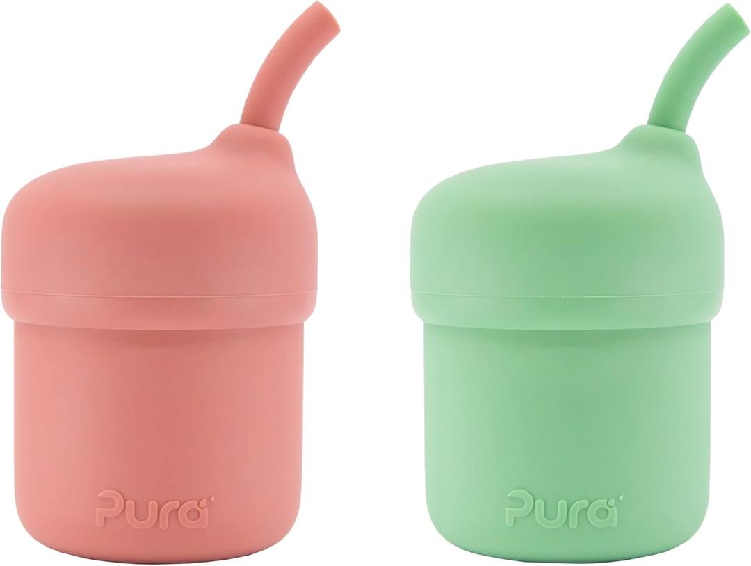Pura my-my Silicone Straw Cup| Spill Proof, Reusable, Food Grade Silicone, Plastic-Free | For Kids, Toddlers, Babies & Infants - Pack of 2 Rose & Moss