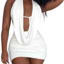 Women's Summer Solid Color Sexy Lace-Up Deep V-Neck Halter Backless Bodycon Mini Dress, Size: XS