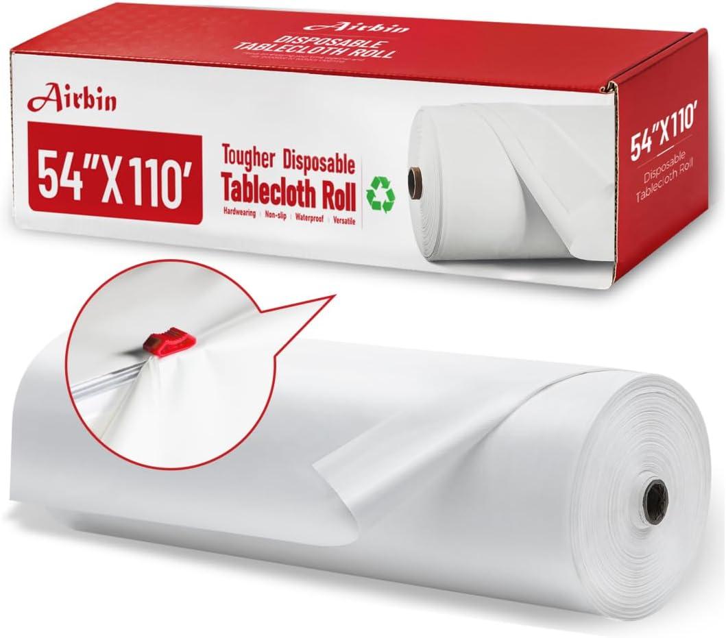 Plastic Table Cloth, 110 Ft X 54 in Disposable Tablecloth White Tablecloth Premium PEVA Plastic Table Cloth Disposable with Any Cut Sliding Cutters for Picnics, Parties, Birthdays, Weddings, 1320" x 54"