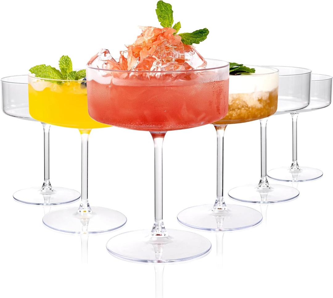 Ciaell 12PCS Plastic Martini Glasses - 10 Oz Disposable Coupe Glasses with Stem - Heavy Duty Margarita Cups for Bars, Cocktails, Whiskey, Parties & Wedding (Basic Clear)