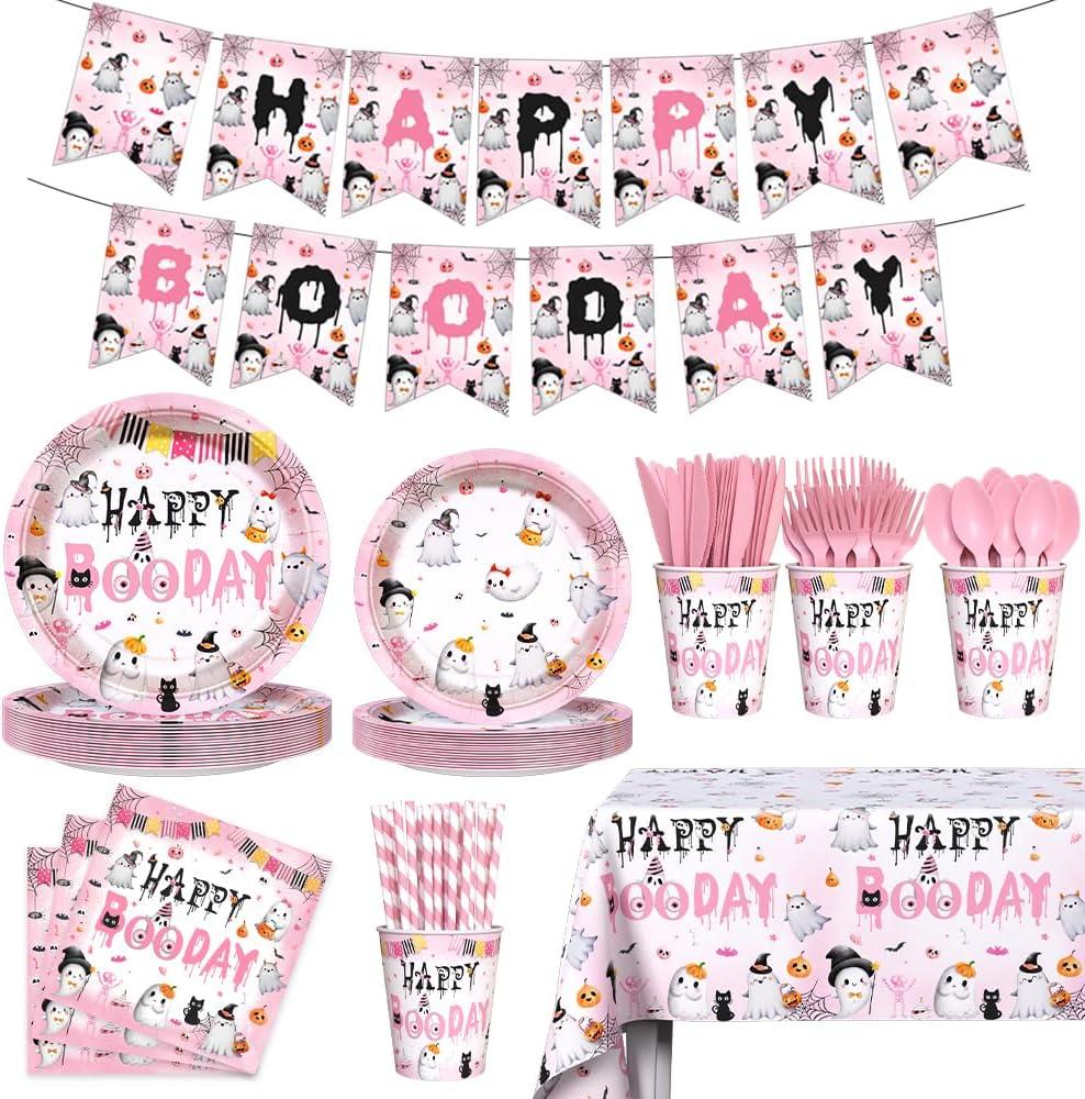 194Pcs Pink Halloween Booday Party Decorations, Happy Booday Tableware Set Banner Paper Plates Cups Napkins Tablecloth Little Boo Supplies Serve 24 Guest (7 inch, 9 inch)
