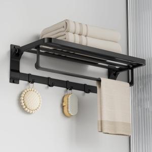 90 Foldable Towel Racks for Bathroom Wall Mounted with Rustproof Aluminum Towel Bar5 Towel Hooks 23IN Shelves Organizers Storage for RV Hotel Lavatory Kitchen Home Decor, Matte Black