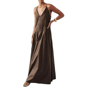 Women Summer Dresses Pleated Maxi Dress Sleeveless Spaghetti Strap V Neck Beach Vacation Long Flowy Sundress, M