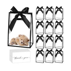 GAWBYET 24 Pcs Clear Plastic Gift Bags with Handles, Reusable Party Favor Bags With ribbons and cards for Mother's Day, Birthday, Wedding,Bachelorette Party,(7 x 10 x 3.15 Inch)