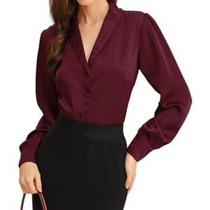 RIHOAS Women's Satin V-Neck Long Sleeve Button Down Shirt - Business Casual Dressy Blouse for Summer Fall Work & Daily Wear, Size M, Wine Red