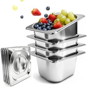 4 Pack Stainless Steel Hotel Pans 1/6 Size 4 Inch Deep With Lids, 0.7 mm Thick 304 Stainless Steel Hotel Pans for Ffor Home, Party, Hotel, Buffet Commercial Kitchen Use